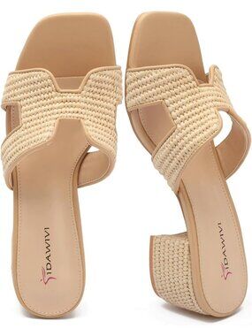 Women's Apricot Raffia Square Open Low Block Chunky Heels Slip On Slides Sandals